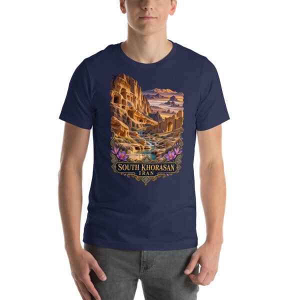 Navy South Khorasan unisex t-shirt, front view with historic citadel of Birjand design
