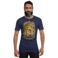 Navy Kermanshah unisex t-shirt, front view with Taq-e Bostan Sasanian rock reliefs design