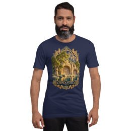 Navy Kermanshah unisex t-shirt, front view with Taq-e Bostan Sasanian rock reliefs design