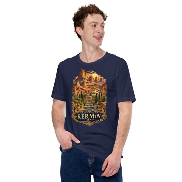 unisex-staple-t-shirt-navy-front-6acbd5352d68d.jpg Navy Kerman unisex t-shirt, front view with Arg-e Bam citadel and desert palm groves design