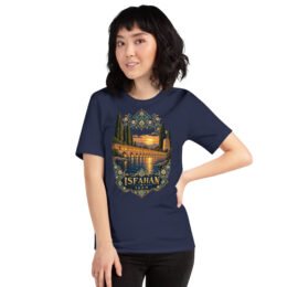 Navy Isfahan unisex t-shirt, front view with Naqsh-e Jahan Square and Ali Qapu Palace design