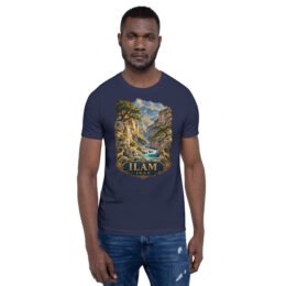 Navy Ilam unisex t-shirt, front view with Razianeh Gorge in the Zagros Mountains design