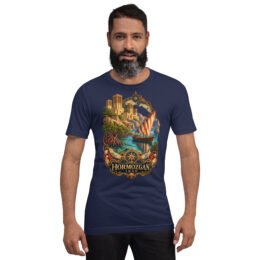Navy Hormozgan unisex t-shirt, front view with Portuguese Castle of Hormuz and the Persian Gulf design