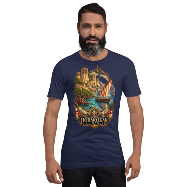 Navy Hormozgan unisex t-shirt, front view with Portuguese Castle of Hormuz and the Persian Gulf design