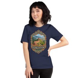 Navy Golestan unisex t-shirt, front view with Sasanian Great Wall of Gorgan design