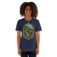 Navy Gilan unisex t-shirt, front view with Rudkhan Castle in the Hyrcanian forest design
