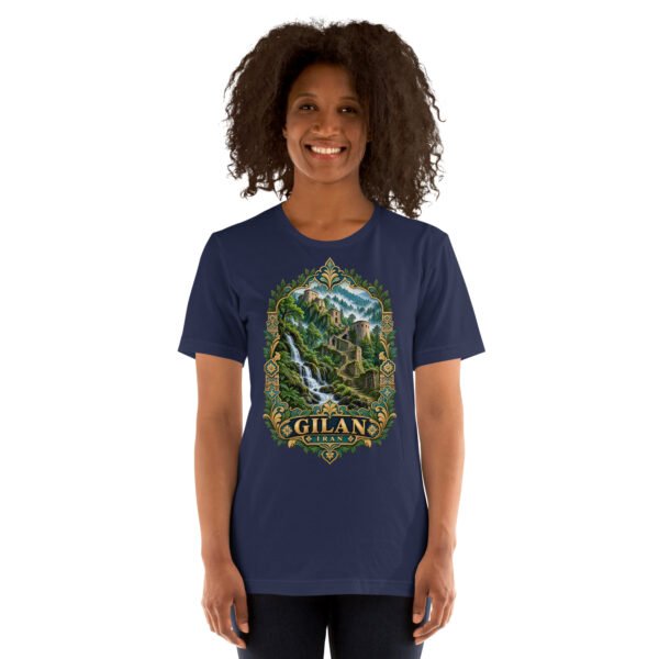 Navy Gilan unisex t-shirt, front view with Rudkhan Castle in the Hyrcanian forest design
