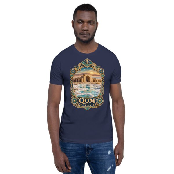 Navy Qom unisex t-shirt, front view with Deir-e Gachin caravanserai in the desert design