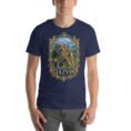 Navy Qazvin unisex t-shirt, front view with Alamut Castle on its rocky Alborz cliff design