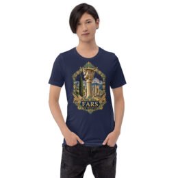 Navy Fars unisex t-shirt, front view with Persepolis and Achaemenid columns design