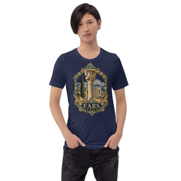 Navy Fars unisex t-shirt, front view with Persepolis and Achaemenid columns design