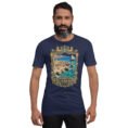 Navy Bushehr unisex t-shirt, front view with ancient port of Siraf and the Persian Gulf design
