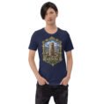 Navy Ardabil unisex t-shirt, front view with ancient Shahr-e Yeri stone figures and Mount Sabalan design