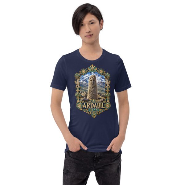Navy Ardabil unisex t-shirt, front view with ancient Shahr-e Yeri stone figures and Mount Sabalan design