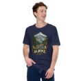 Navy Alborz unisex t-shirt, front view with Chalus Road winding through the Alborz Mountains design