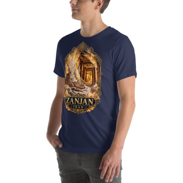 Navy Zanjan unisex t-shirt, front view with Chehrabad salt mine and salt crystals design