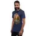 Navy Yazd unisex t-shirt, front view with Narin Castle of Meybod and a traditional dovecote design