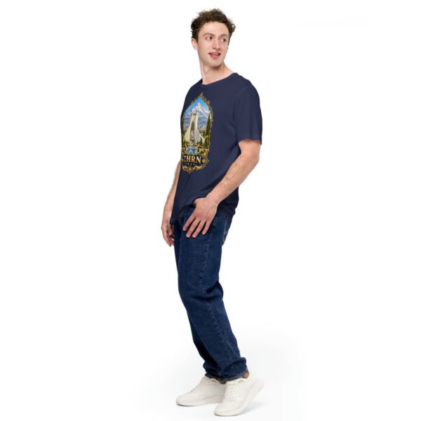 Navy Tehran unisex t-shirt, front view with Azadi Tower and Mount Damavand design