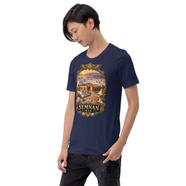 Navy Semnan unisex t-shirt, front view with Qasr-e Bahram caravanserai in the Dasht-e Kavir design