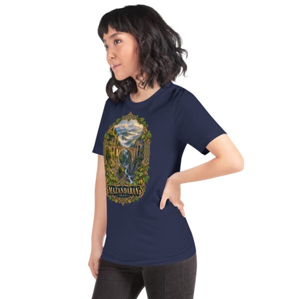 Navy Mazandaran unisex t-shirt, front view with terraced springs of Badab-e Surt in the Hyrcanian forest design