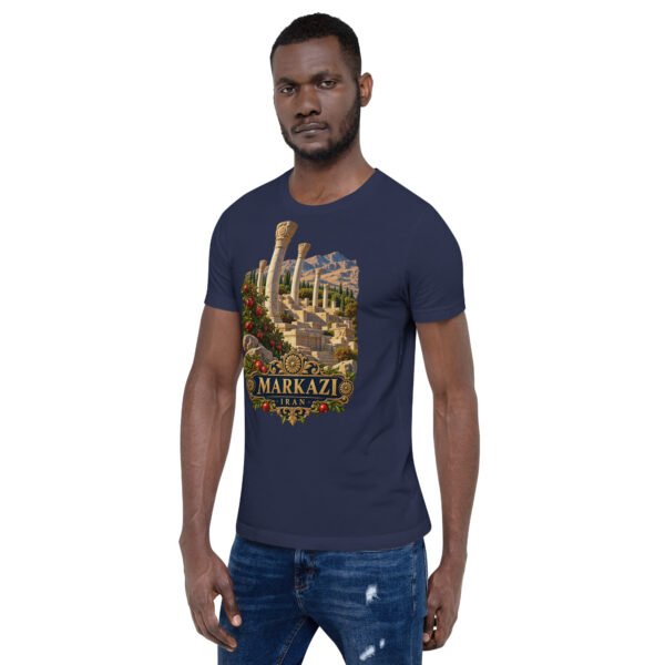 Navy Markazi unisex t-shirt, front view with ancient columns of Khorheh design