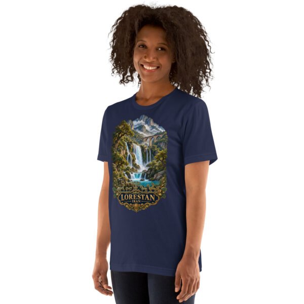 Navy Lorestan unisex t-shirt, front view with Falak-ol-Aflak Castle in Khorramabad design