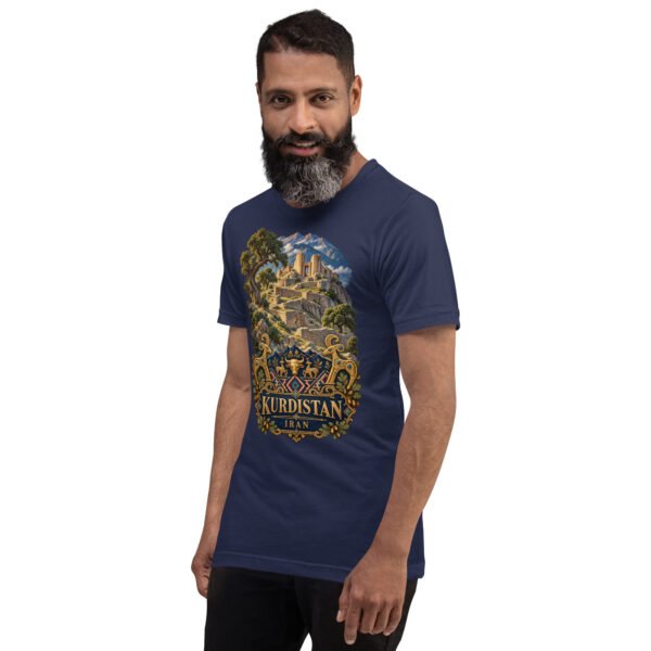 unisex-staple-t-shirt-navy-left-front-6acbcf7f1ef90.jpg Navy Kurdistan unisex t-shirt, front view with Ziwiye fortress and golden Mannaean motifs design