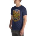Navy North Khorasan unisex t-shirt, front view with historic citadel of Shirvan and vineyards design