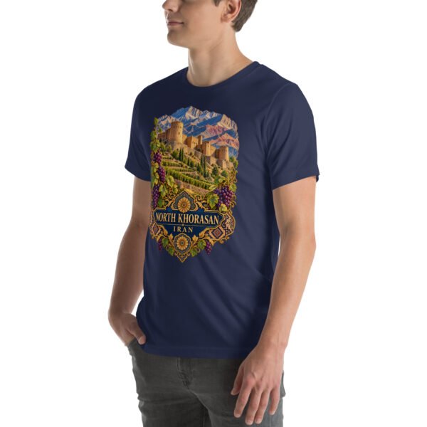 Navy North Khorasan unisex t-shirt, front view with historic citadel of Shirvan and vineyards design