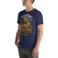 Navy Khorasan Razavi unisex t-shirt, front view with Tomb of Ferdowsi in ancient Tus design