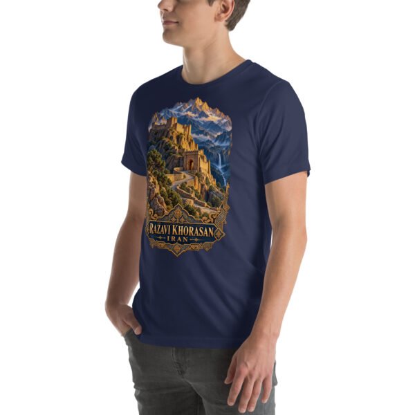 Navy Khorasan Razavi unisex t-shirt, front view with Tomb of Ferdowsi in ancient Tus design