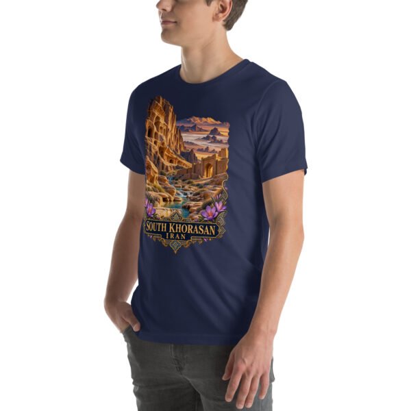 Navy South Khorasan unisex t-shirt, front view with historic citadel of Birjand design