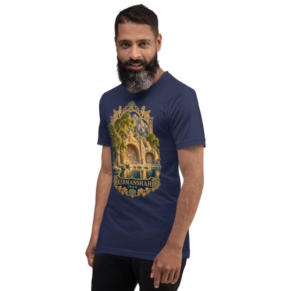Navy Kermanshah unisex t-shirt, front view with Taq-e Bostan Sasanian rock reliefs design