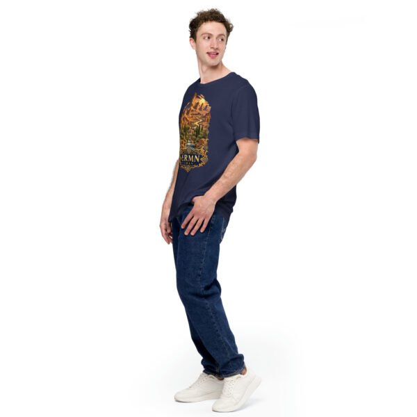unisex-staple-t-shirt-navy-left-front-6acbd5352cad4.jpg Navy Kerman unisex t-shirt, front view with Arg-e Bam citadel and desert palm groves design
