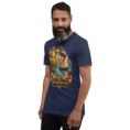 Navy Hormozgan unisex t-shirt, front view with Portuguese Castle of Hormuz and the Persian Gulf design