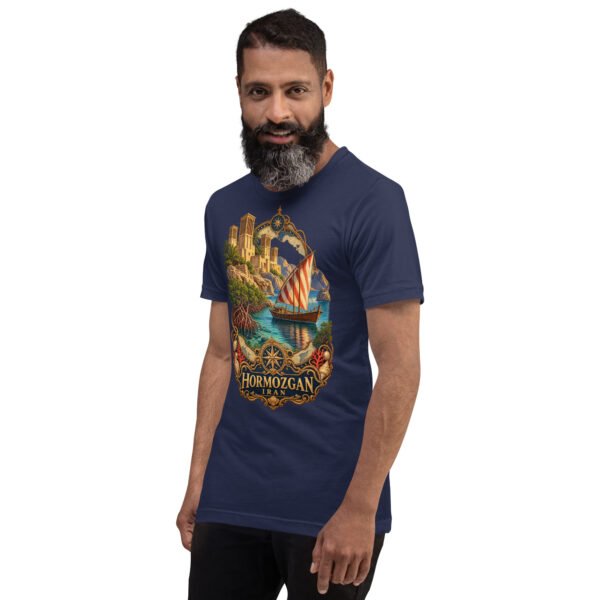 Navy Hormozgan unisex t-shirt, front view with Portuguese Castle of Hormuz and the Persian Gulf design