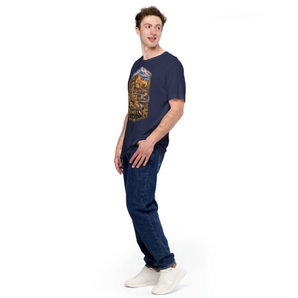 unisex-staple-t-shirt-navy-left-front-6acbd9f3e1561.jpg Navy Hamedan unisex t-shirt, front view with Ganjnameh inscriptions and Mount Alvand design