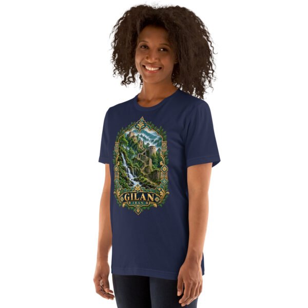 Navy Gilan unisex t-shirt, front view with Rudkhan Castle in the Hyrcanian forest design