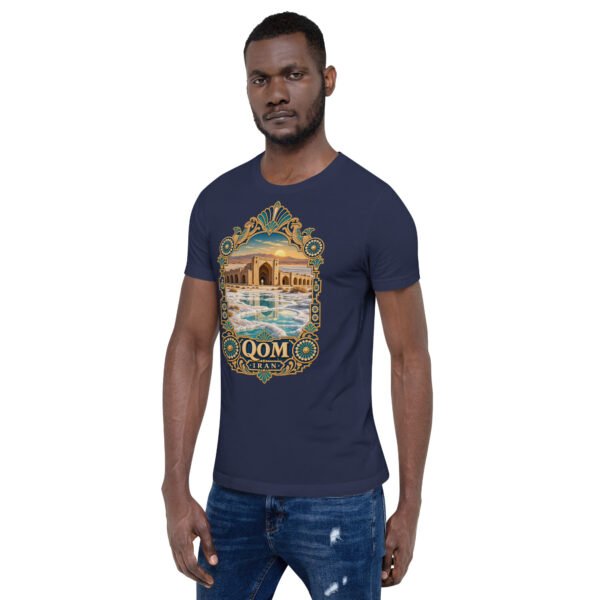Navy Qom unisex t-shirt, front view with Deir-e Gachin caravanserai in the desert design