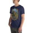 Navy Qazvin unisex t-shirt, front view with Alamut Castle on its rocky Alborz cliff design