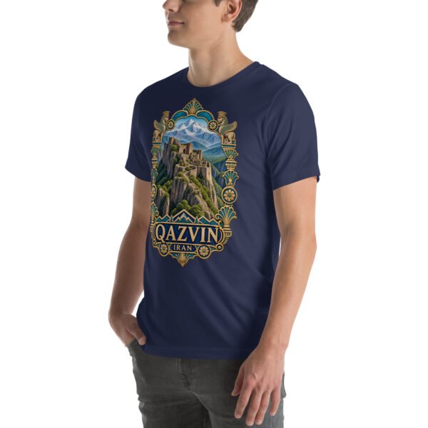 Navy Qazvin unisex t-shirt, front view with Alamut Castle on its rocky Alborz cliff design