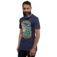 Navy Bushehr unisex t-shirt, front view with ancient port of Siraf and the Persian Gulf design