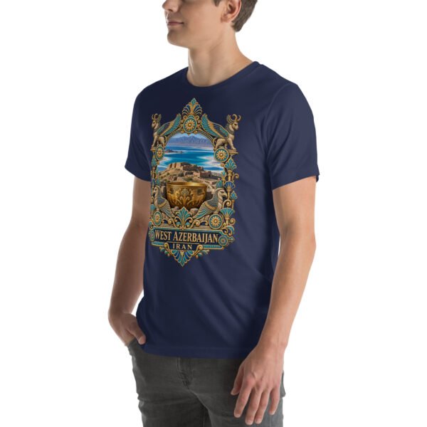 Navy West Azerbaijan unisex t-shirt, front view with Lake Urmia and the ancient Hasanlu mound design