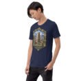Navy Ardabil unisex t-shirt, front view with ancient Shahr-e Yeri stone figures and Mount Sabalan design
