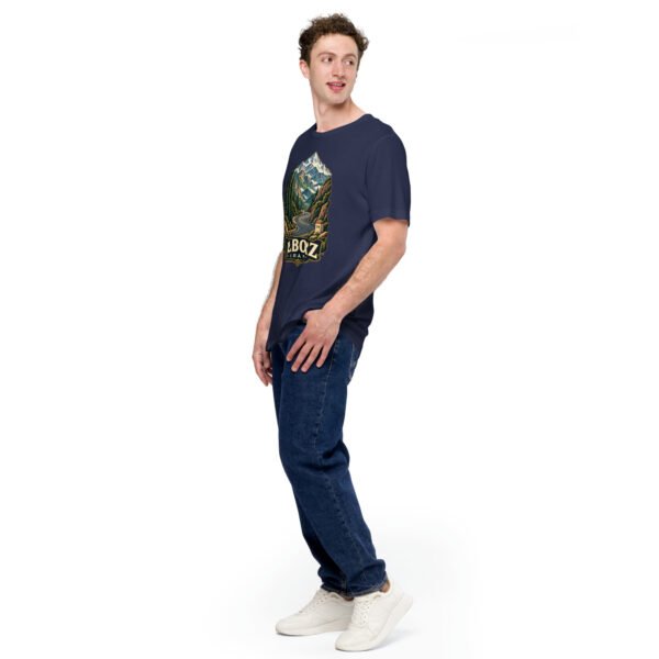 Navy Alborz unisex t-shirt, front view with Chalus Road winding through the Alborz Mountains design