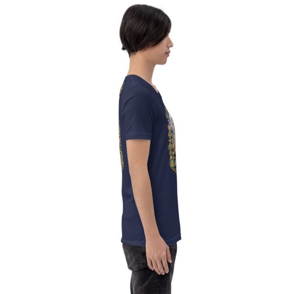 Navy Ardabil unisex t-shirt, with ancient Shahr-e Yeri stone figures and Mount Sabalan design