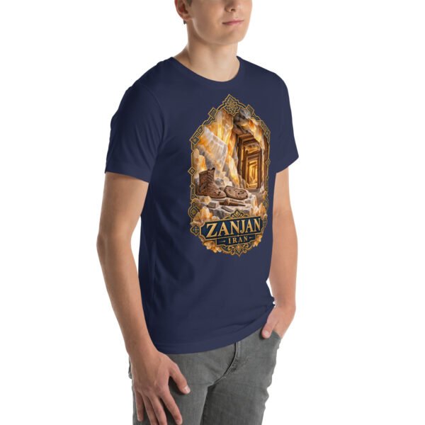 Navy Zanjan unisex t-shirt, front view with Chehrabad salt mine and salt crystals design