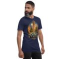 Navy Yazd unisex t-shirt, front view with Narin Castle of Meybod and a traditional dovecote design