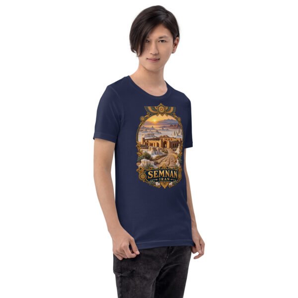 Navy Semnan unisex t-shirt, front view with Qasr-e Bahram caravanserai in the Dasht-e Kavir design