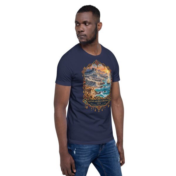 Navy Sistan and Baluchestan unisex t-shirt, front view with Shahr-e Sukhteh, the Burnt City design